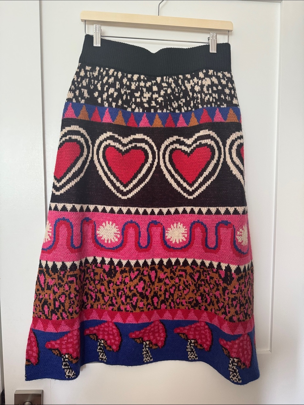 FARM Rio Black, Pink and Blue Patterned Knit Midi Skirt